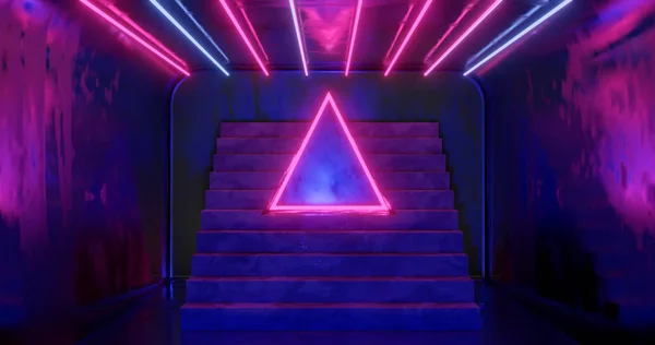 3D renderelés, absztrakt neon háttér, rózsaszín kék izzó fény, lépcsőház sötét szobában — Stock Fotó