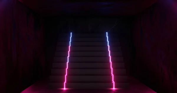 Renderização 3d, fundo de néon abstrato, luz brilhante azul rosa, escadaria no quarto escuro — Fotografia de Stock