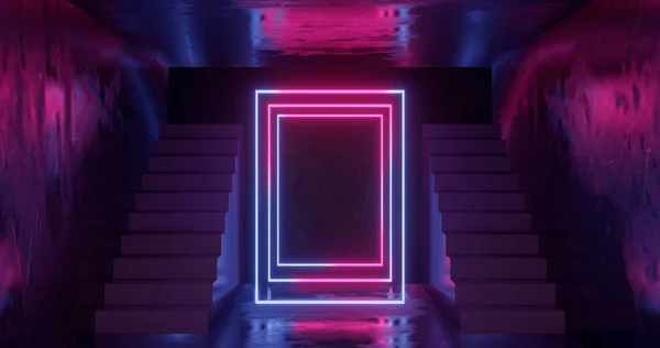 Renderowanie 3D, streszczenie Neon tło, różowy niebieski świecące światło, schody w ciemnym pomieszczeniu — Zdjęcie stockowe