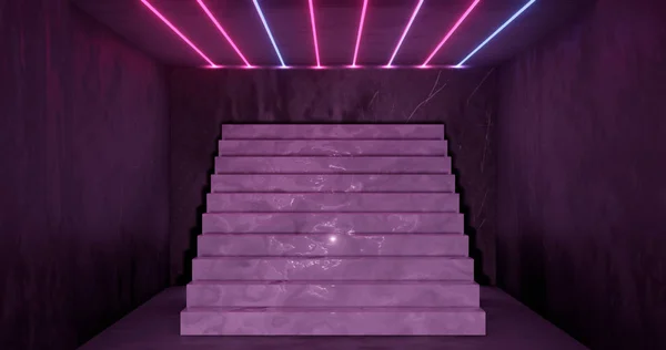 3D рендеринг, абстрактный неоновый фон, розовый голубой светящийся свет, лестница в темной комнате — стоковое фото