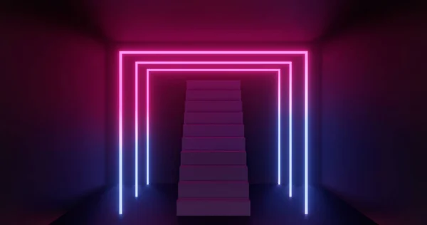 3D renderelés, absztrakt neon háttér, rózsaszín kék izzó fény, lépcsőház sötét szobában — Stock Fotó