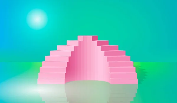 3d renderização, verde azul rosa escadas, passos, fundo abstrato em cores pastel arqueadas, pódio de moda, cena minimalista, objetos arquitetônicos primitivos, elemento designer — Vetor de Stock