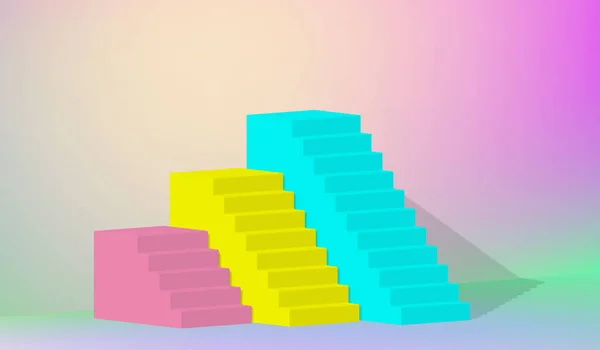 3D рендеринг, жовті синьо-рожеві сходи, сходи, абстрактний фон в арочних пастельних тонах, подіум моди, мінімалістична сцена, примітивні архітектурні об'єкти, елемент дизайну — стоковий вектор