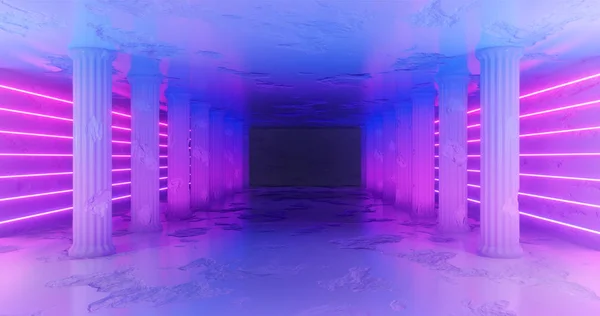 3D renderelés. Márvány folyosó sérült oszlopokat, a falak mentén, kék és rózsaszín neon csíkokkal. Neonfény. — Stock Fotó