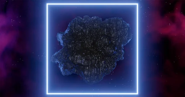 3d rendering. An asteroid in space among gas clouds lit by a light blue neon rectangle or square.