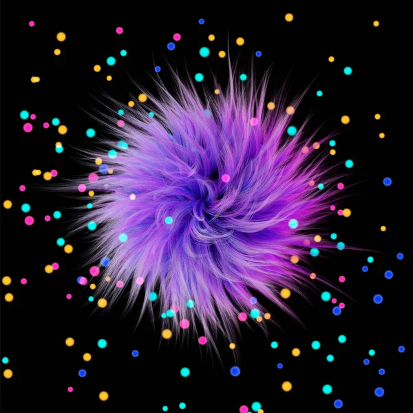 3D візуалізація. Пухнастий фіолетовий м'яч на тлі різнокольорових відтінків або сяючих кульок. Графічна ілюстрація . — стокове фото