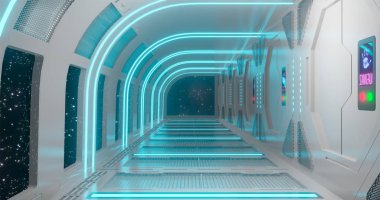 3d render. Uzay istasyonu veya açık mavi neon aydınlatma uzay gemisinin fütüristik iç fantastik koridor. Grafik illüstrasyon.