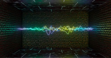 3d render. Karanlık bir tünele karşı neon ışık geometrik şekil. Lazer hattı parıldamalı. Neon arka planlar