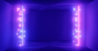 3d render. Karanlık bir tünele karşı neon ışık geometrik şekil. Lazer hattı parıldamalı. Neon arka planlar