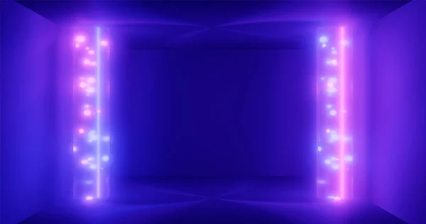 3d renderöinti. Geometrinen hahmo neonvalossa pimeää tunnelia vasten. Lasersäde hehkuu. Neontaustaa — kuvapankkivalokuva