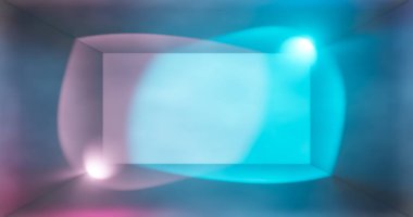 3 boyutlu görüntüleme. Karanlık bir tünele karşı neon ışıktaki geometrik figür. Lazer hattı parlıyor. Neon arkaplanlar