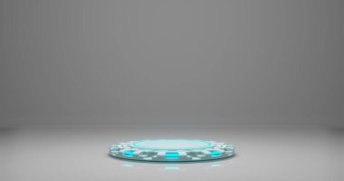 3D görüntüleme. Geometrik şekilli stüdyo, sahada parlak çizgileri olan bir podyum. Ürün sunumu için platformlar, arka plan düzeni. Minimalist bir tasarımda soyut kompozisyon.