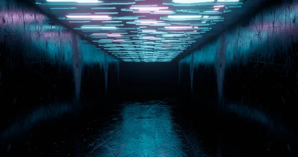 Boyutlu Görüntüleme Karanlık Bir Tünele Karşı Neon Işıktaki Geometrik Figür — Stok fotoğraf