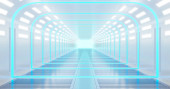 3D vykreslování ilustrace. Sci-fi futuristický abstraktní gradient modrý neon. Zářící chodba na odlesku betonové podlahy. Temný vnitřní pokoj.
