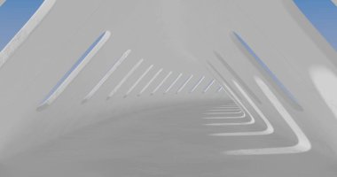 3D görüntüleme. Beton inşaat. Yanlarında ışığın içinden geçtiği deliklerle dolu uzun bir koridor. İç illüstrasyon