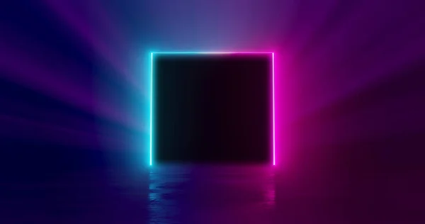3D tasvir. LED ışıklandırmalı neon kare bir projektörden gelen ışınların arka planına karşı. Yaratıcılığın için..