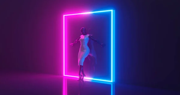 3D rendering. A mannequin girl of dark glossy material, dressed in bright glossy clothes, leaning against a wall in the interior of a luminous square frame, on a flat surface. On a dark blue background.