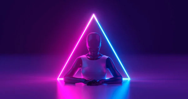 3D rendering. A girl mannequin made of dark glossy material, dressed in bright glossy clothes, in front of a glowing neon triangle, on a flat surface. On a dark blue background.
