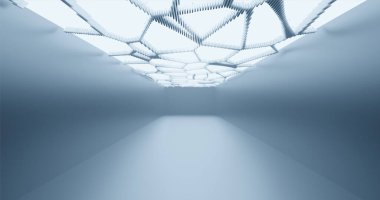 3 boyutlu görüntüleme. Tavanda düzensiz geometrik şekil şeklinde neon ışıkları olan uzun bir yatakhanenin soyut arka planı. Poster, kapak, markalaşma, afiş, poster için minimal tasarım.