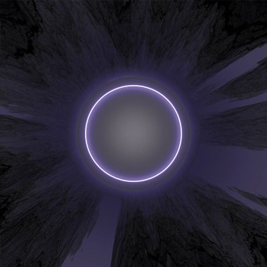 3D görüntüleme. Kayadaki yuvarlak neon çerçeve. Tasarımın için arka plan. Grafik illüstrasyon