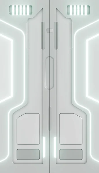 3 boyutlu görüntüleme. Bilimkurgu neon ışıklı kapı. Gelecekteki iç mekanların grafiksel çizimi.