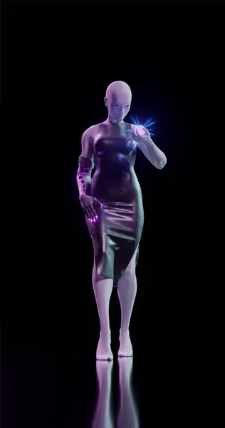 Görüntüleme Mavi Pembe Neon Işıklı Biyomekanik Elli Kadın Manken Parlak — Stok fotoğraf