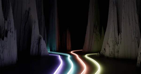 3D görüntüleme. Farklı renkte neon çizgileri kayalar boyunca uzanıyor. Arkaplan grafik illüstrasyonu.