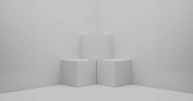 3D görüntüleme. Parlak bir odada geometrik şekillerin soyut bileşimi. Model için bir podyum..