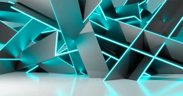 3 boyutlu görüntüleme. Nyon ışığı ile ışıltılı yan yüzleri olan rastgele düzenlenmiş panellerle soyut iç arkaplan. Poster, kapak, markalaşma, afiş, poster için minimal tasarım.