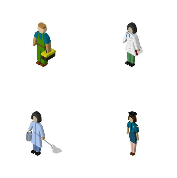 Isometrisk personuppsättning renare, officer, medic och andra objekt. Innehåller även arbetare, medic, kvinnliga element. — Stockfoto