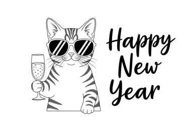 Beyaz arka planda kedi ve gözlüklü mutlu yeni yıl 2026 'nın vektör çizimi, yeni yıl partisi kartı.