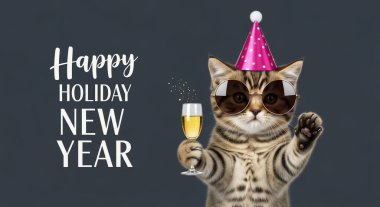 Gözlüklü komik kedi Noel ağacı ve şampanya şişesiyle