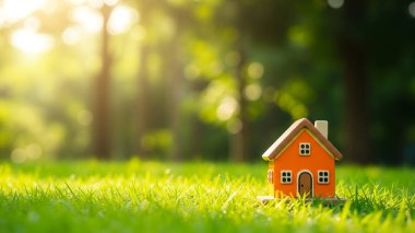 Çimlerde küçük bir ev ve arka planda yeşil bir tarla..