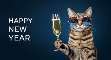 Komik kedi siyah arka planda şampanya içiyor. Yeni yıl kutlaması. Noel arifesi.