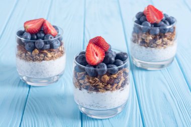 Chia yoğurt granola ve çilek (yaban mersini, çilek) cam