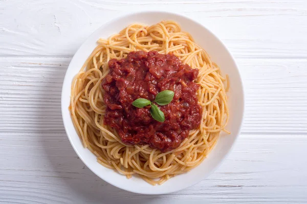 Italian Pasta Spaghetti Tomato Sauce Basil — Stock Photo, Image