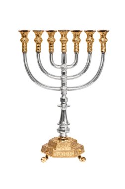 Menorah 'ın beyaz üzerine izole edilmiş Yahudi dini sembolü