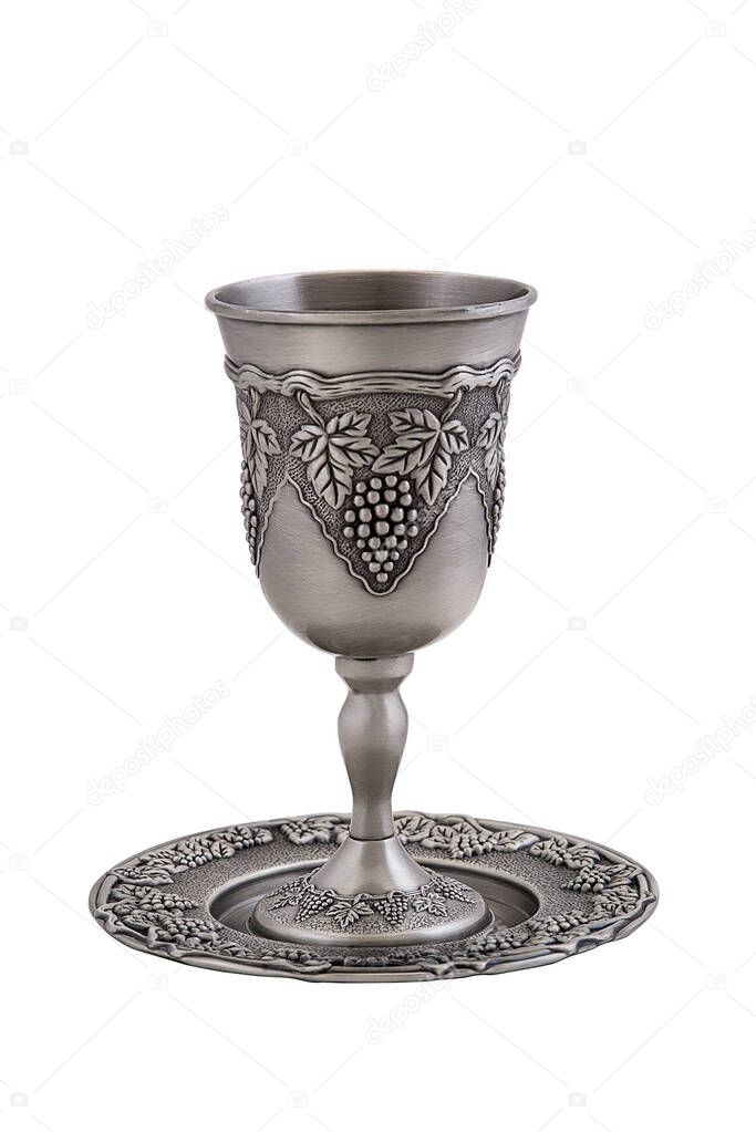 Vintage shabbath silver cup of wine isolated on white background