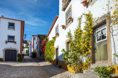 Portekiz 'in Obidos şehrinde geleneksel badanalı evleri, çiçekleri ve kiremitli çatıları olan kaldırım taşı caddeleri çok hoş. Tarihi bir Portekiz köyünün manzarası.