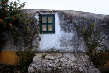 Portekiz 'in tarihi Obidos kasabasında küçük yeşil pencereli, yıpranmış taştan ve tırmanan bitkilerden oluşan eski bir köy evi duvarı..