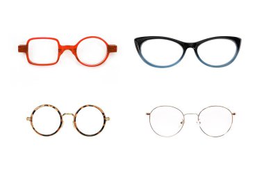 Bir portre üzerine başvurmak için beyaz arkaplanda izole edilmiş gözlük seti