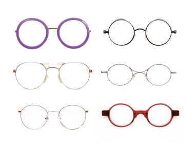 Bir portre üzerine başvurmak için beyaz arkaplanda izole edilmiş gözlük seti