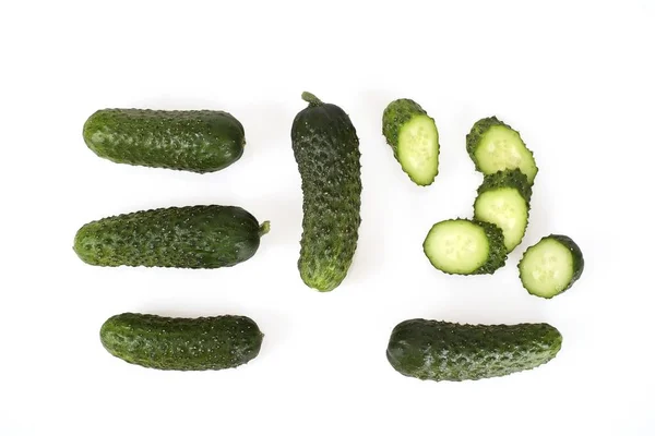 Fresh Green Cucumbers Isolated White Background Top View — Stock Photo, Image