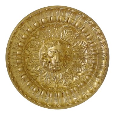 Beyaz arka plan üzerinde izole bir altın aslan kafası şeklinde dekoratif öğe