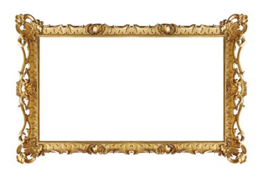 Beyaz arkaplanda izole edilmiş resimler, aynalar veya fotoğraf için panoramik altın çerçeve
