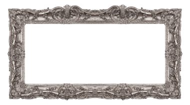 Beyaz arka planda izole edilmiş resimler, aynalar veya fotoğraf için panoramik gümüş çerçeve. Kırpma yolu ile tasarım ögesi
