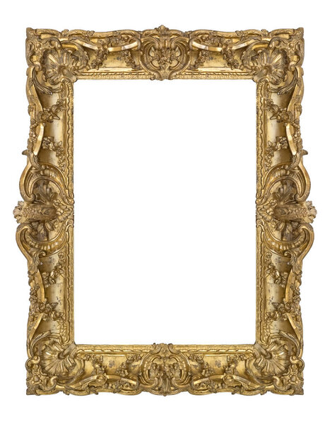 Золотая рамка для картин, зеркал или фотографий на белом фоне. Элемент дизайна с траекторией обрезки