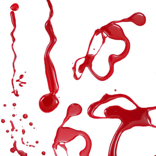 Conjunto Gotas Líquido Rojo Sangre Esmalte Uñas Ketchup Aderezo Aisladas — Foto de Stock