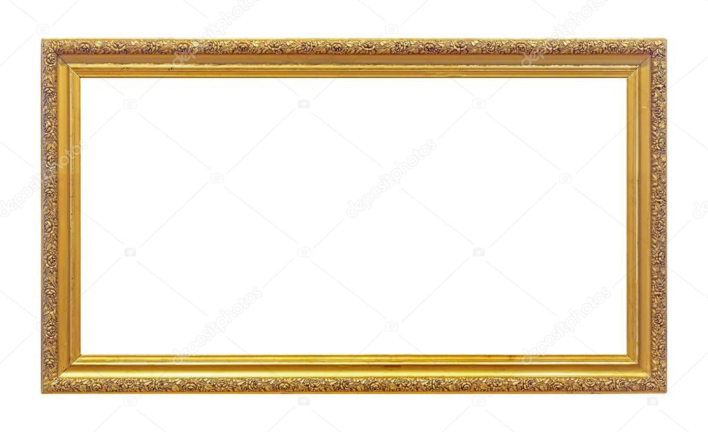 Panoramic golden frame for paintings, mirrors or photo isolated on white background