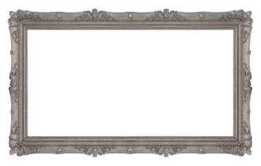 Beyaz arka planda izole edilmiş resimler, aynalar veya fotoğraf için panoramik gümüş çerçeve. Kırpma yolu ile tasarım ögesi